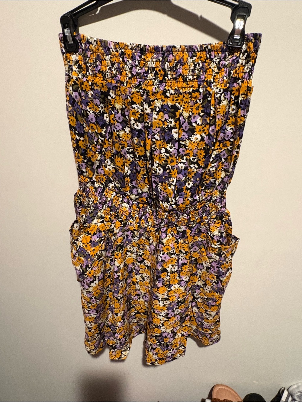 Floral Smocked Waist Strapless Romper in Yellow & Purple